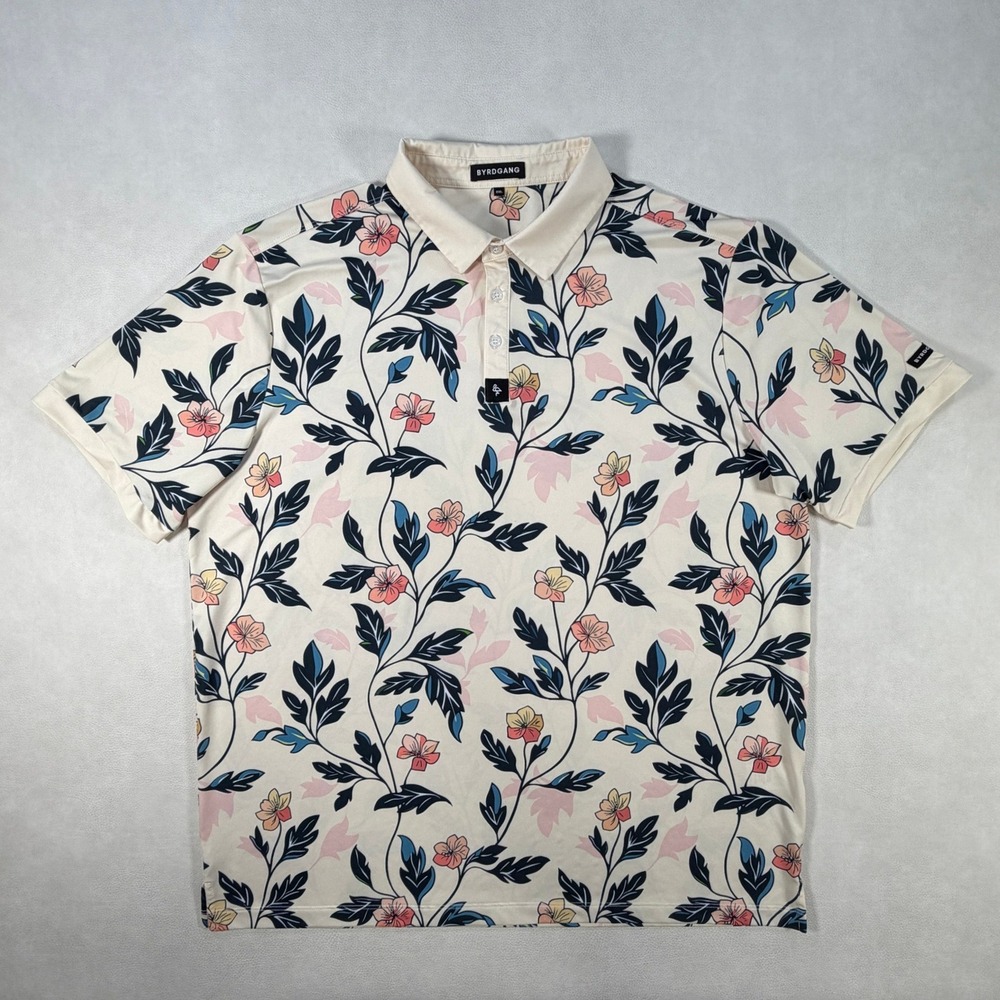 Byrdgang Mens XXL Floral Performance Golf Polo Shirt Cream Pink Blue